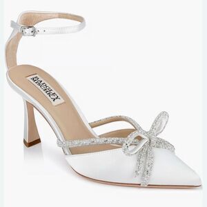Badgley Mischka White Satin Pearl Crystal Bow Pointed Toe Pumps 6 NEW Sample